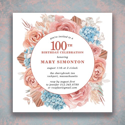 Blue Hydgrangea Pink Rose Floral 100th Birthday Invitation
