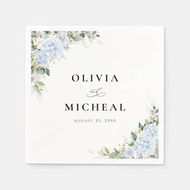 Blue Hydrange Floral Greenery Wedding Napkins (Front)