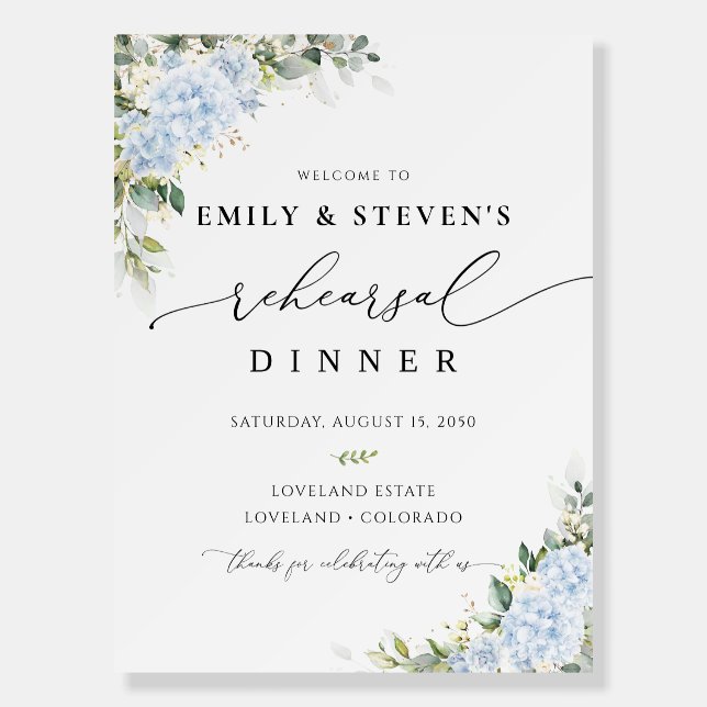 Blue Hydrange Floral Rehearsal Dinner Foam Board (Front)