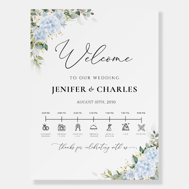 Blue Hydrange Floral Wedding Day Icons Timeline Foam Board (Front)