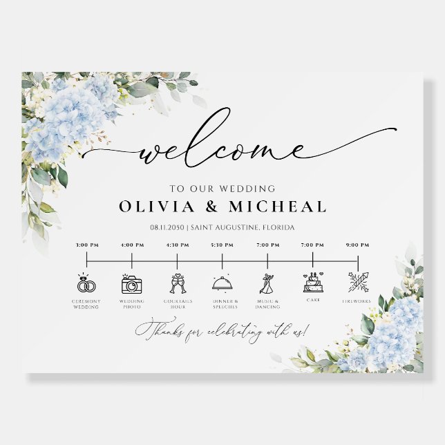 Blue Hydrange Floral Wedding Day Icons Timeline Foam Board (Front)
