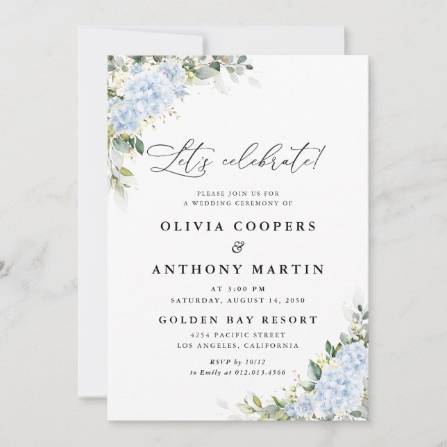 Blue Hydrange Floral Wedding Invitation (Front)
