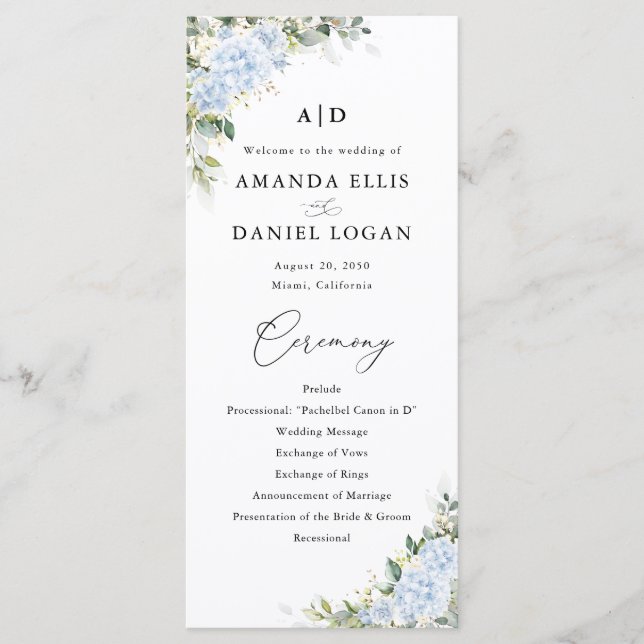Blue Hydrange Floral Wedding Program (Front)
