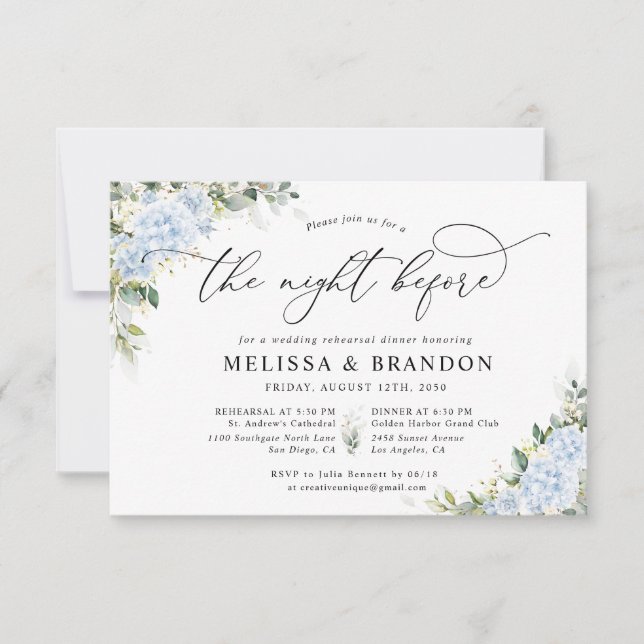Blue Hydrange Floral Wedding Rehearsal Dinner  RSVP Card (Front)