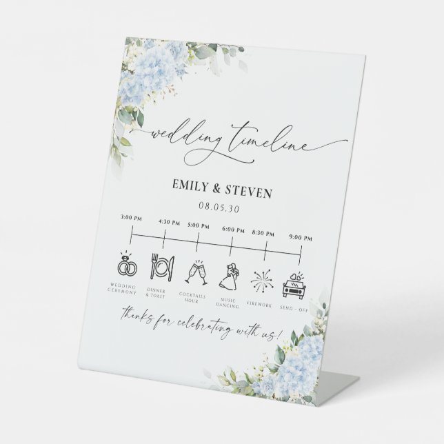 Blue Hydrange Floral Wedding Timeline Sign (Front)