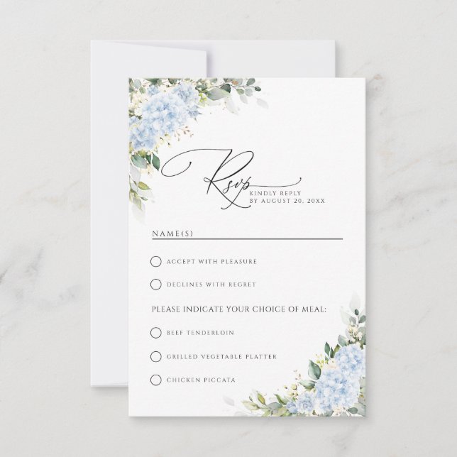 Blue Hydrange Floral Wedding With Meal Choice RSVP Card (Front)