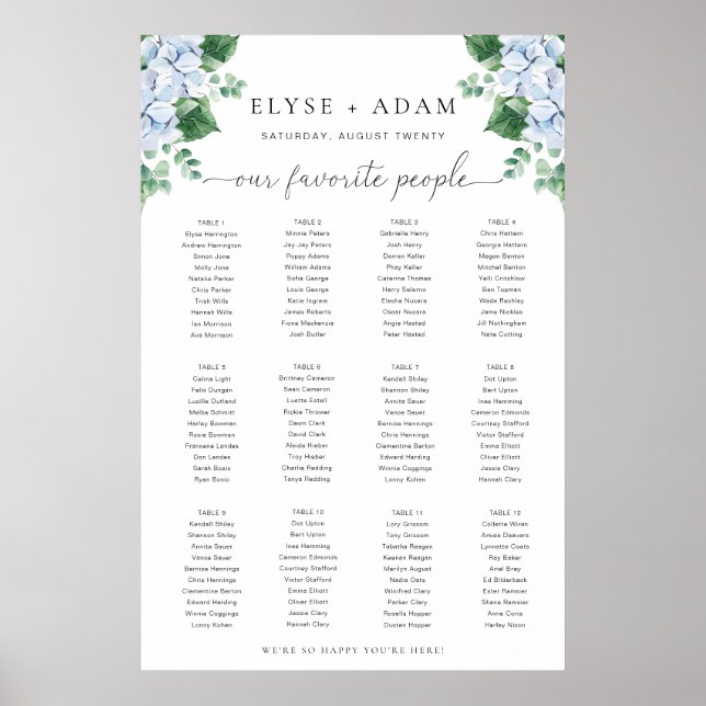 Blue Hydrangea 12 Table Seating Chart Poster (Front)