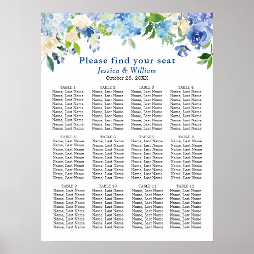 Blue Hydrangea 12 Tables Wedding SEATING CHART