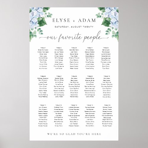 Blue Hydrangea 15 Table Seating Chart Poster