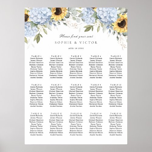 Blue Hydrangea 15 Table Wedding Seating Chart