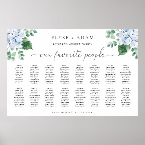 Blue Hydrangea 16 Table Seating Chart Poster