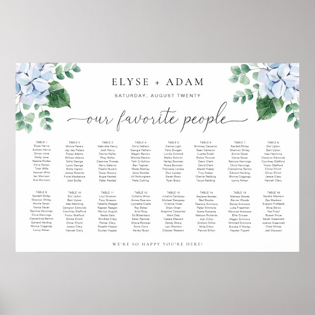 Blue Hydrangea 16 Table Seating Chart Poster (Front)