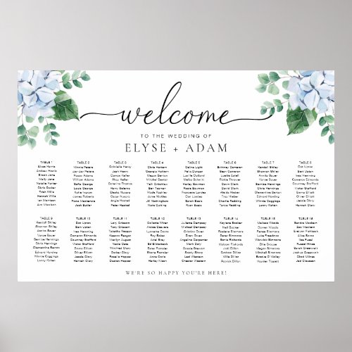 Blue Hydrangea 16 Table Seating Chart Poster