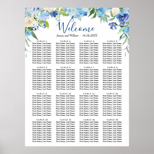 Blue Hydrangea  16 Tables Wedding SEATING CHART