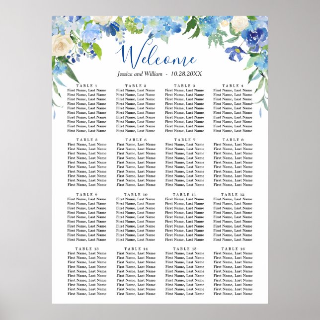 Blue Hydrangea  16 Tables Wedding SEATING CHART (Front)