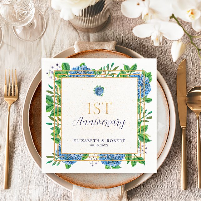 Blue Hydrangea 1st Wedding Anniversary  Napkins (Creator Uploaded)