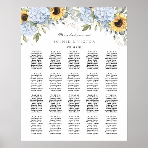 Blue Hydrangea 20 Table Wedding Seating Chart