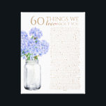 blue hydrangea 60 things we love you 70 birthday canvas print<br><div class="desc">This is a DO IT YOURSELF XX Reasons why we love you. roses reasons we love you,  editable 50 Reasons,  60th birthday,  editable,  80th birthday,  memories,  love you,  mom,  You can edit the main body text. Designed by The Arty Apples Limited</div>