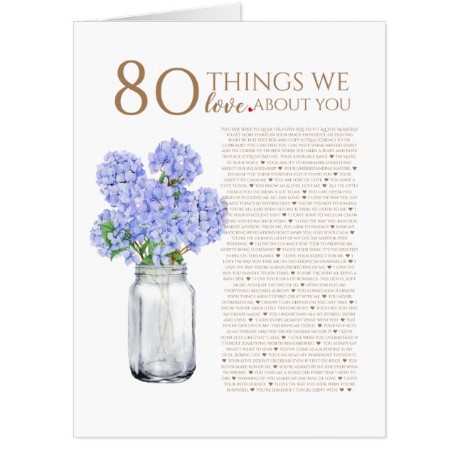 Blue Hydrangea 80 Things We Love About You 70th Card (Front)