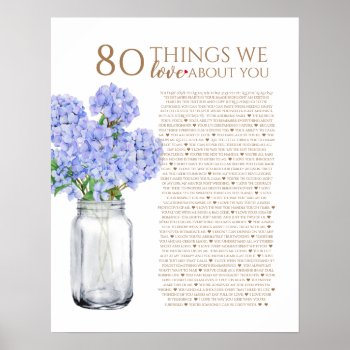 Blue Hydrangea 80 Things We Love You 70 Birthday Poster by TheArtyApples at Zazzle