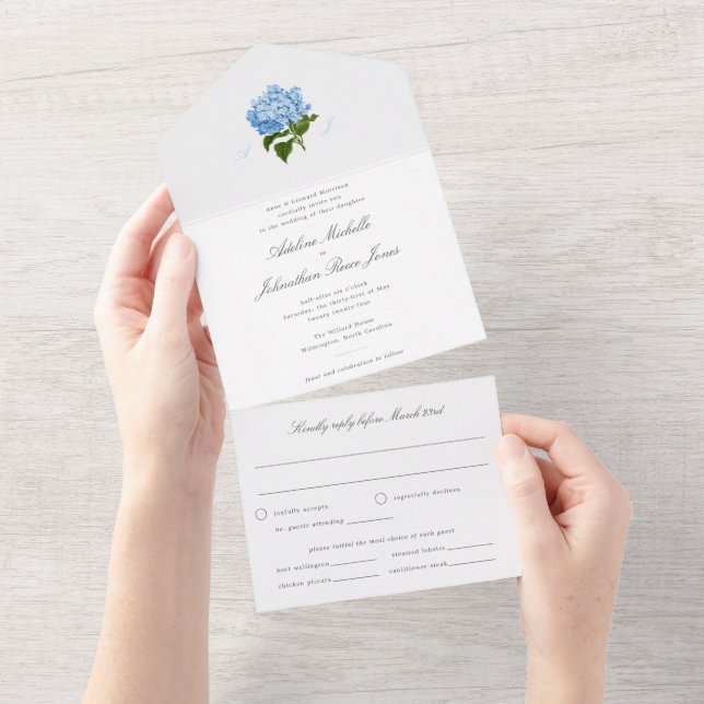 Blue Hydrangea All in One Wedding Invitation (Tearaway)
