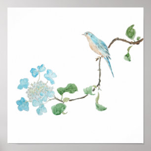 blue hydrangea and blue birds watercolor  poster