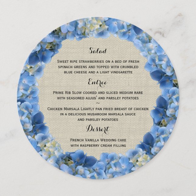 Blue Hydrangea and Burlap Round Menu (Front)