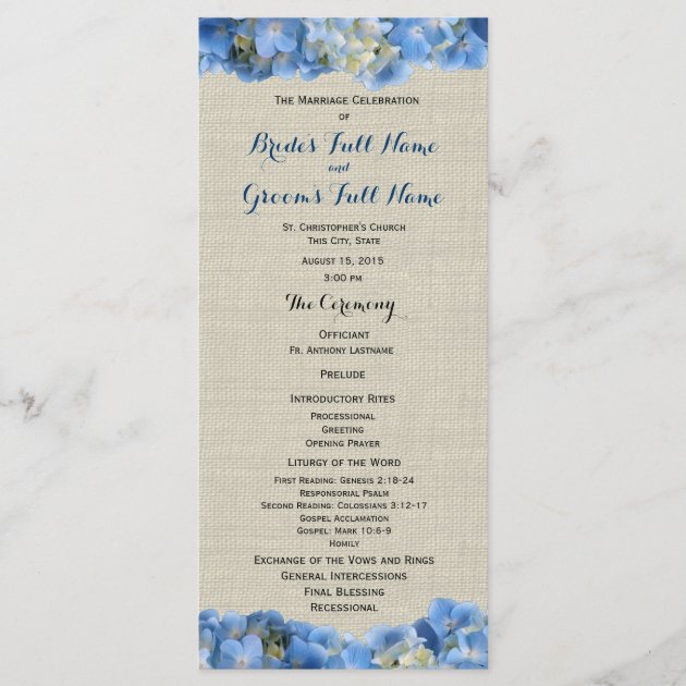 Blue Hydrangea And Burlap Wedding Program