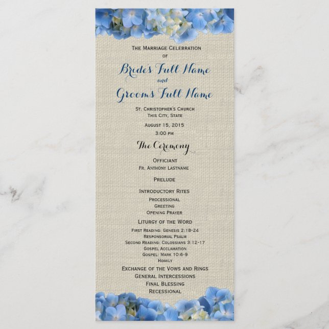 Blue Hydrangea and Burlap Wedding Program (Front)