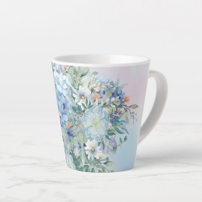 Blue Hydrangea and Floral Latte Mug (Right Angle)