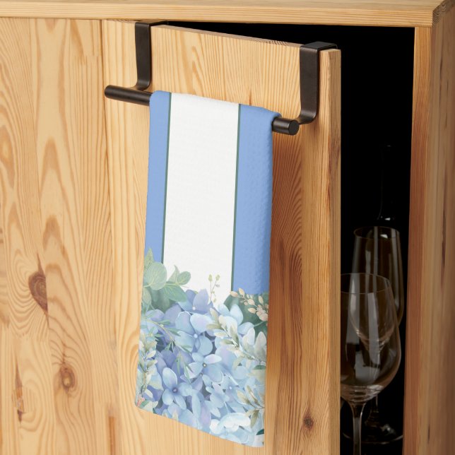 Blue Hydrangea and Floral Striped Kitchen Towel (Thirds Fold)