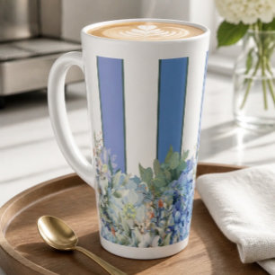 Blue Hydrangea and Floral Striped Latte Mug