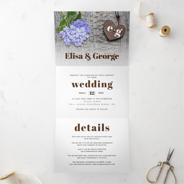 Blue hydrangea and heart on wood rustic wedding Tri-Fold invitation (Inside)