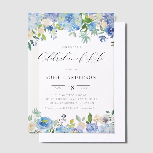 Blue Hydrangea and Ivory Rose Celebration of Life Vellum Invitations (Offset)