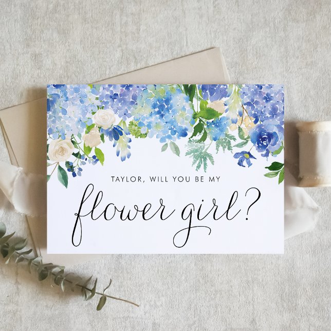 Blue Hydrangea and Ivory Rose Flower Girl Proposal Invitation (Blue hydrangea and white rose flower girl card with greenery accents for romantic floral weddings.)
