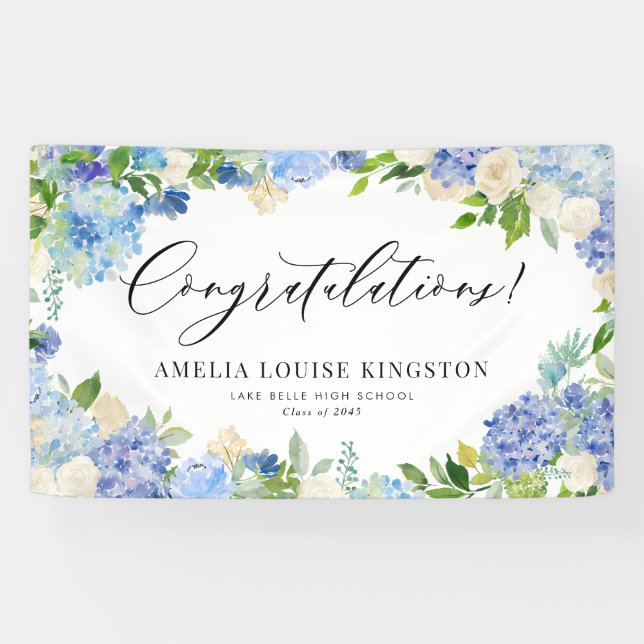Blue Hydrangea and Ivory Rose Graduation Party Banner (Horizontal)
