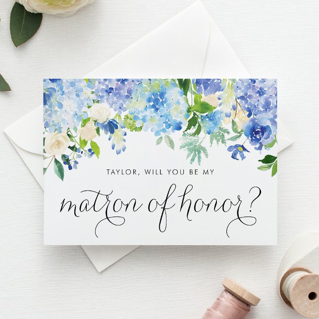 Blue Hydrangea and Ivory Rose Matron of Honor Invitation Postcard (Blue hydrangea and white rose matron of honor card with greenery accents for romantic weddings.)