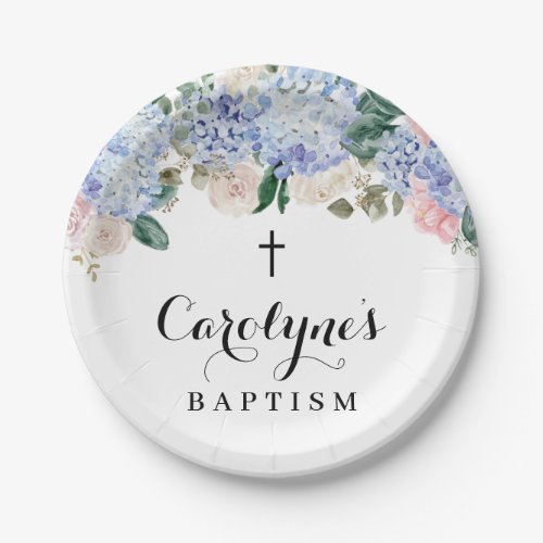 Blue Hydrangea and Ivory Roses Baptism Paper Plates