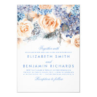 Blue Hydrangea and Peach Flowers - Floral Wedding Card