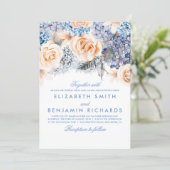 Blue Hydrangea and Peach Flowers - Floral Wedding Invitation (Standing Front)