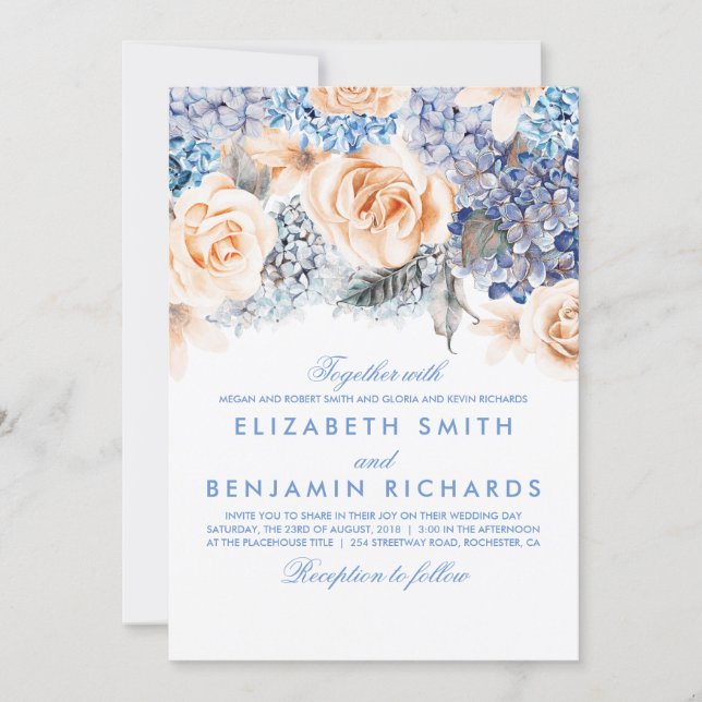 Blue Hydrangea and Peach Flowers - Floral Wedding Invitation (Front)