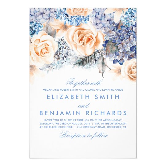 Blue Hydrangea And Peach Flowers Fl Wedding Invitation Blue Hydrangea And Peach Flowers Fl Wedding Invitation