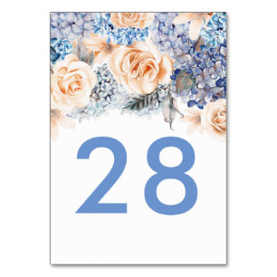 Blue Hydrangea and Peach Roses Wedding Table Number