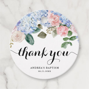 Blue Hydrangea and Pink Rose Baptism Thank You Favor Tags