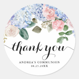 Blue Hydrangea and Pink Rose Communion Thank You Classic Round Sticker