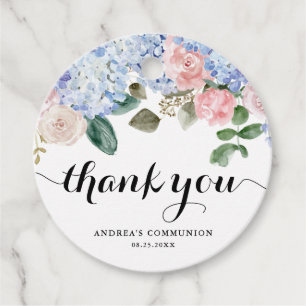 Blue Hydrangea and Pink Rose Communion Thank You Favor Tags