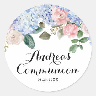 Blue Hydrangea and Pink Rose First Holy Communion Classic Round Sticker