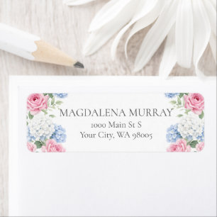 Blue Hydrangea and Pink Rose Floral English Garden Label