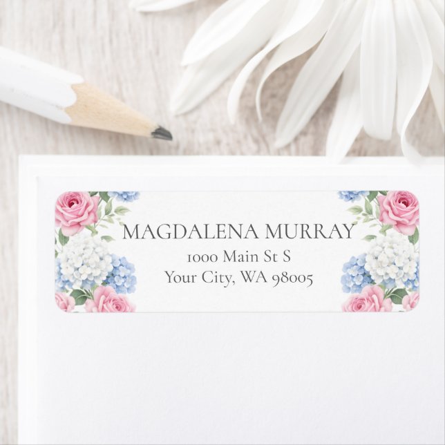 Blue Hydrangea and Pink Rose Floral English Garden Label (Insitu)