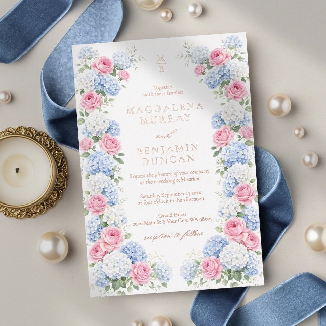 Blue Hydrangea and Pink Rose Floral Garden Wedding Foil Invitation (Creator Uploaded)